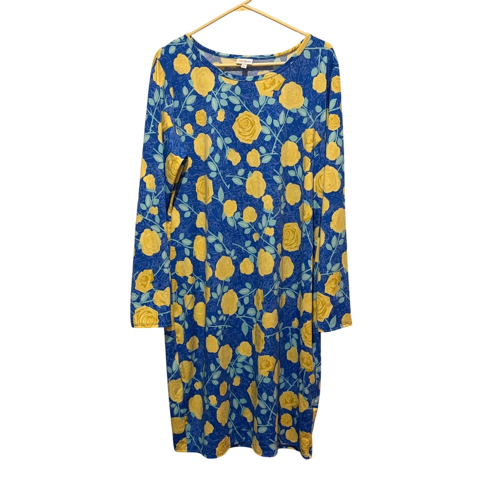 LuLaRoe Womens 3XL Yellow Rose Floral Blue Long Sleeve Shift Dress UC103-01